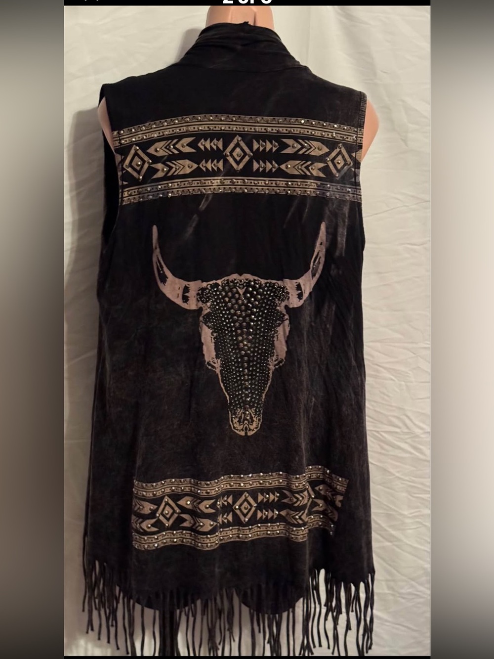 Boho Fringe Western Cowgirl Chic Vest with Studded Longhorn Back